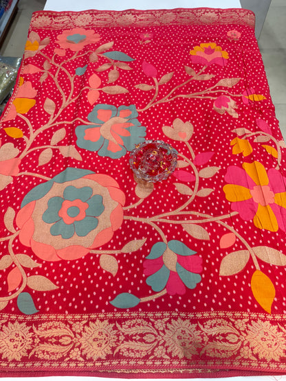 Pure Kaddi Georgette Zari Weaving Saree in Rani Pink with Circular Motifs and Floral Accents – Festive & Wedding Wear Saree for Women