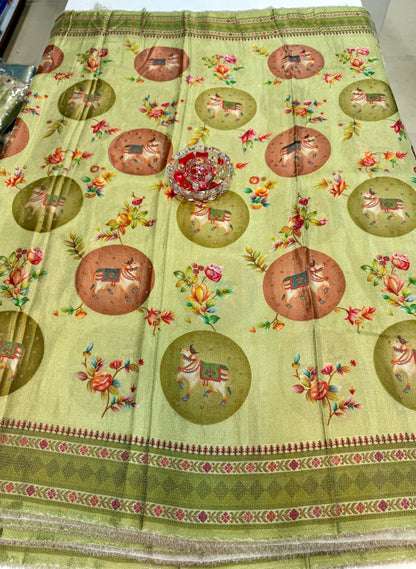 Pure Ziraf Silk Printed Saree with Elephant and Floral Motifs – Lightweight Soft Silk Saree for Women