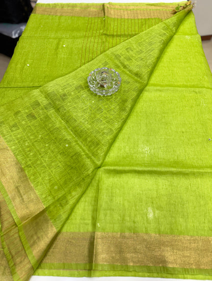 Pure Tissue 150 Count Linen Handloom Saree with Handwork and Running Blouse for Women