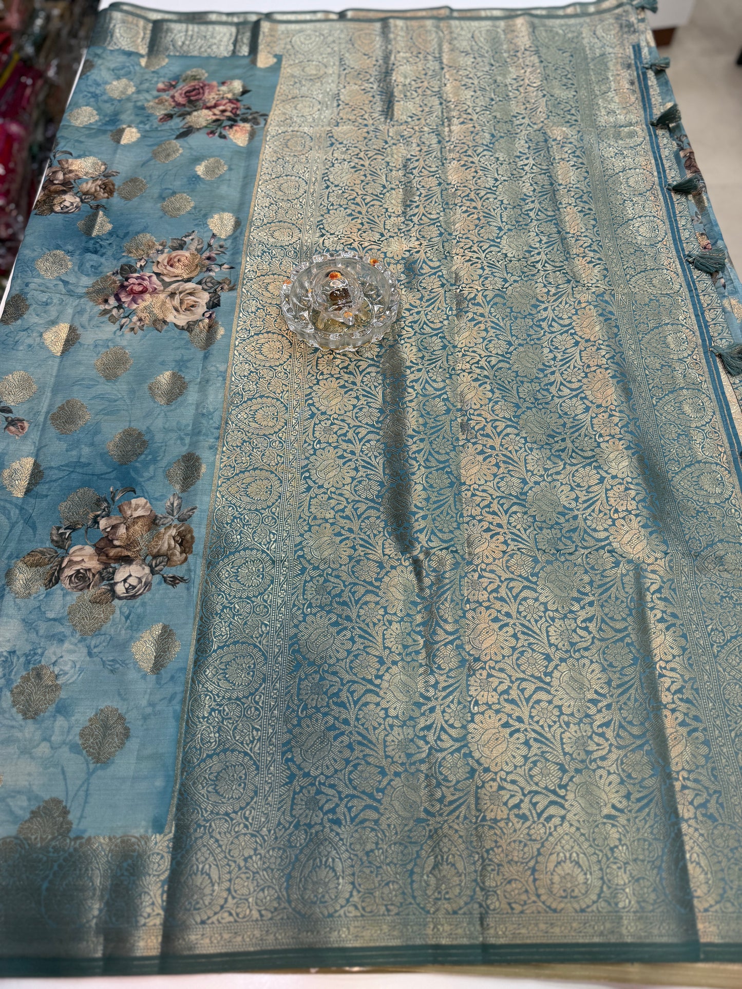 Bamboo Silk Floral Printed Saree with Rich Decorative Pallu, All Over Rich Butti Weaving