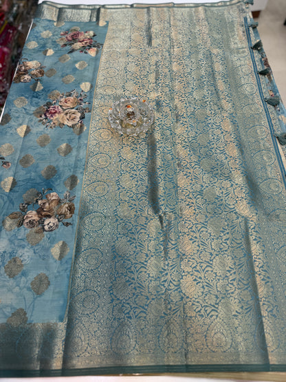 Bamboo Silk Floral Printed Saree with Rich Decorative Pallu, All Over Rich Butti Weaving