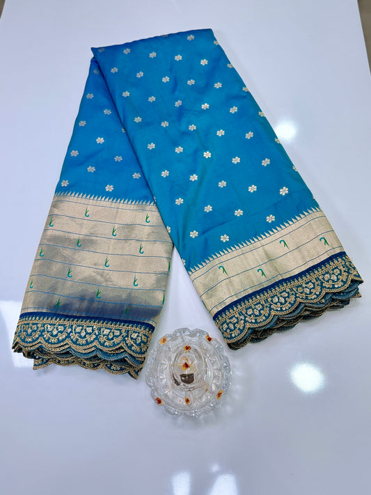 Paithani Lace Border Saree with Parrot Motifs and Contrast Blouse