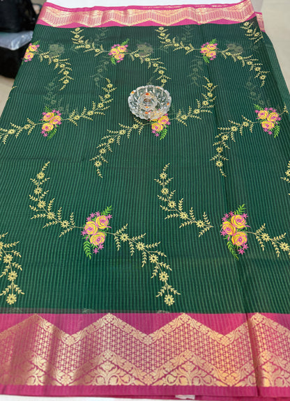 Banarasi kota silk saree with floral embroidery, contrast magenta zari border and matching blouse piece for women