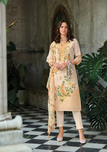 Women’s Linen Schiffli Embroidered Kurta Set with Cotton Pant and Viscose Mal Dupatta – L to 3XL
