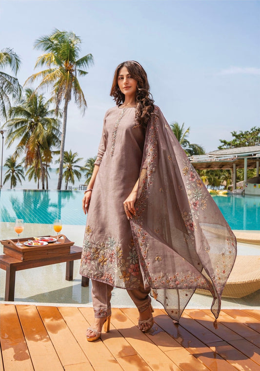 Modal Silk Kurti Pant Dupatta Set with Katha Embroidery and Jaam Silk Bottoms for Women – Plus Sizes