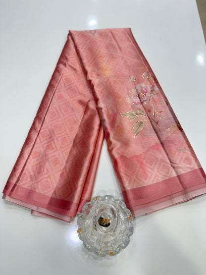 Japan satin saree for women with position print pallu and blouse, soft satin printed saree for festive and casual wear