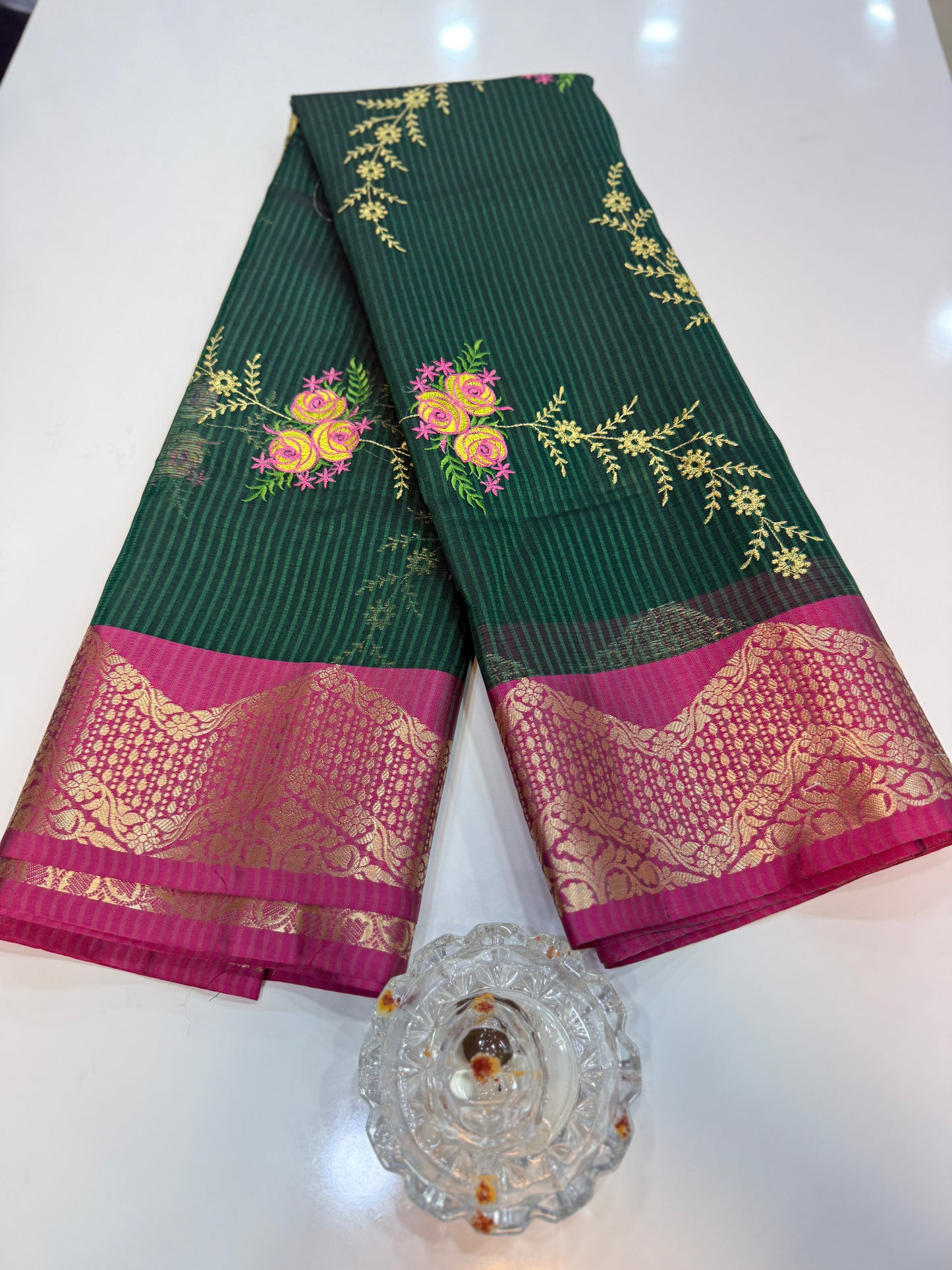 Banarasi kota silk saree with floral embroidery, contrast magenta zari border and matching blouse piece for women