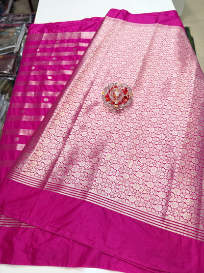 Banarasi Semi Katan Silk Saree with Meenakari Satin Border and Gold Zari Weaving – Traditional Festive Saree for Women