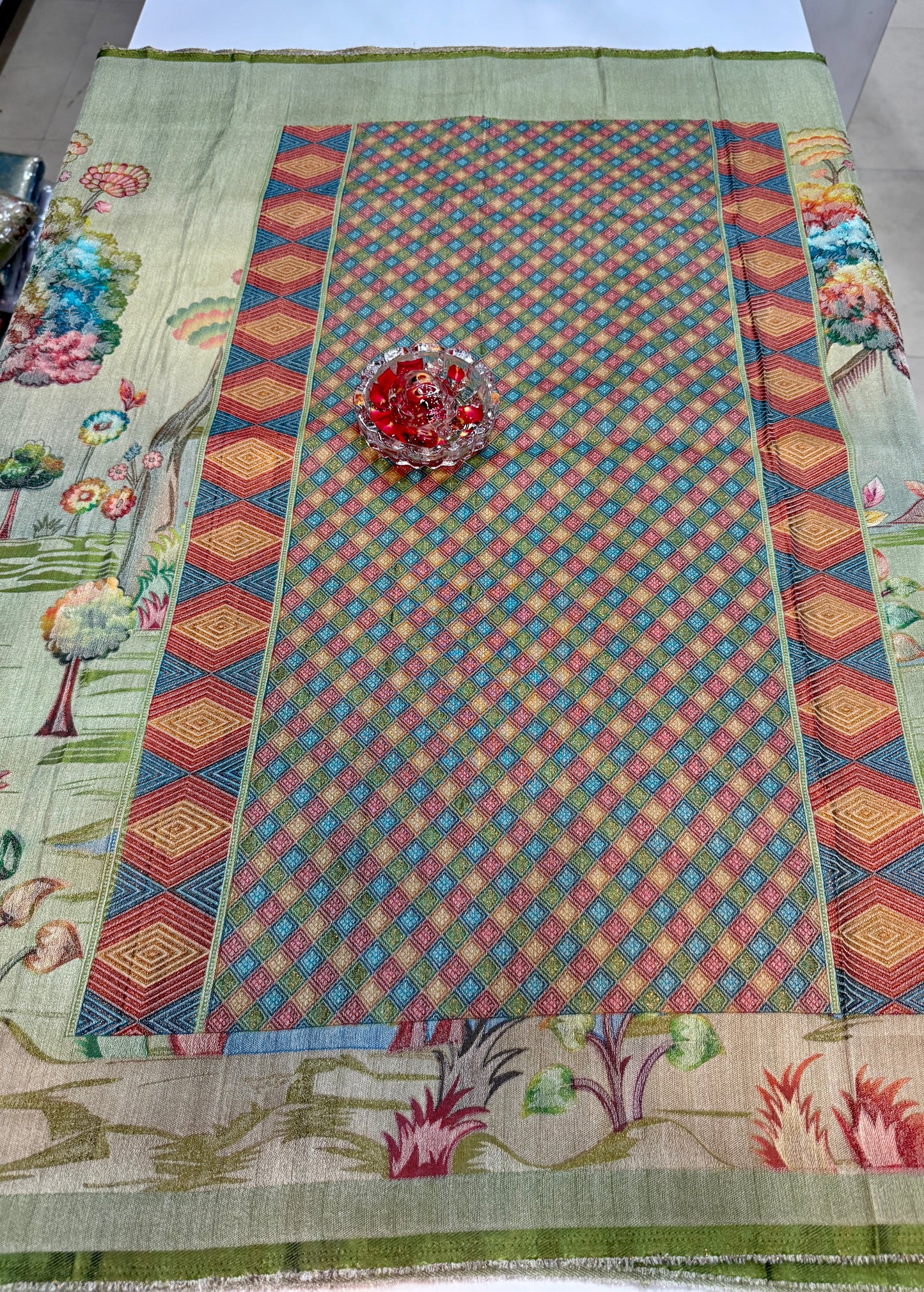 Pure Ziraf Silk Peacock Print Saree with Colorful Nature Motifs and Geometric Border – Soft Silk Printed Saree for Women