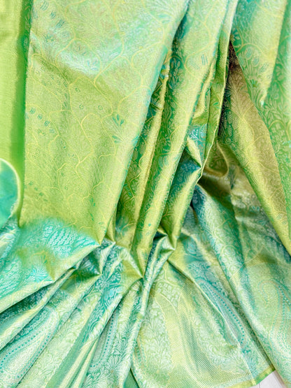 Pure Silk Borderless Saree in Light Green with Zari Weaving – Handloom Wedding Collection