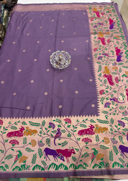 Paithani printed soft silk saree with zari-style border and contrast blouse for women