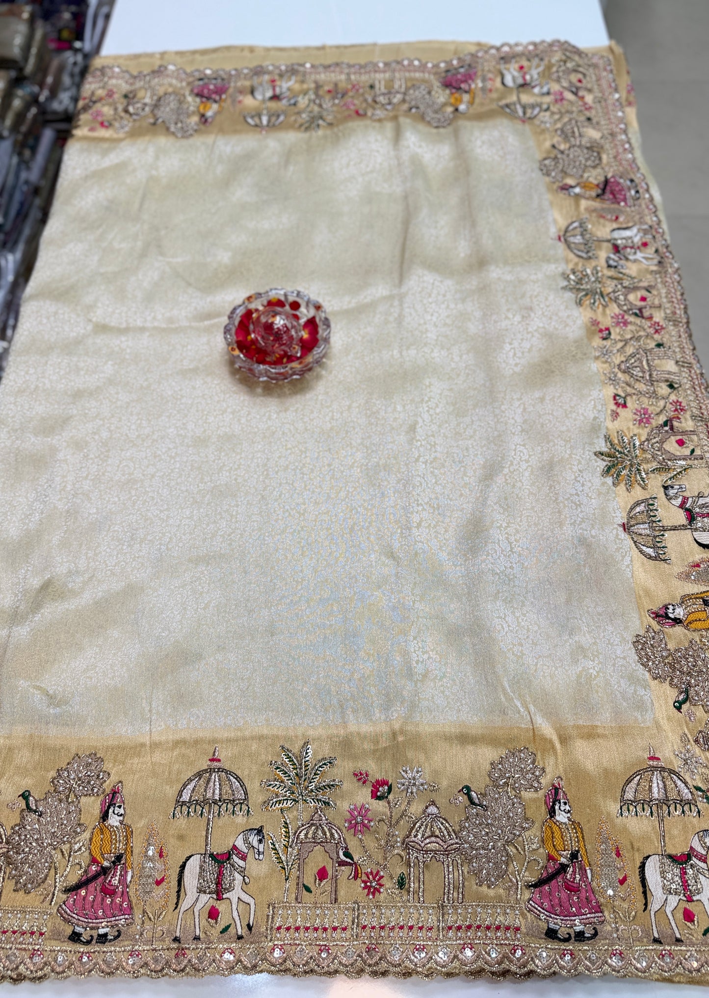 Cream Pure Ziraf Silk Saree with Zari, Thread, Cut Dana & Moti Heavy Work – Bridal and Festive Wear