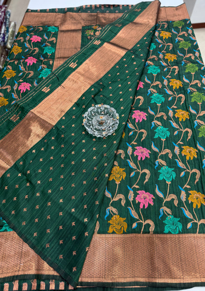 Soft silk saree with woven floral zari border and contrast pallu for women