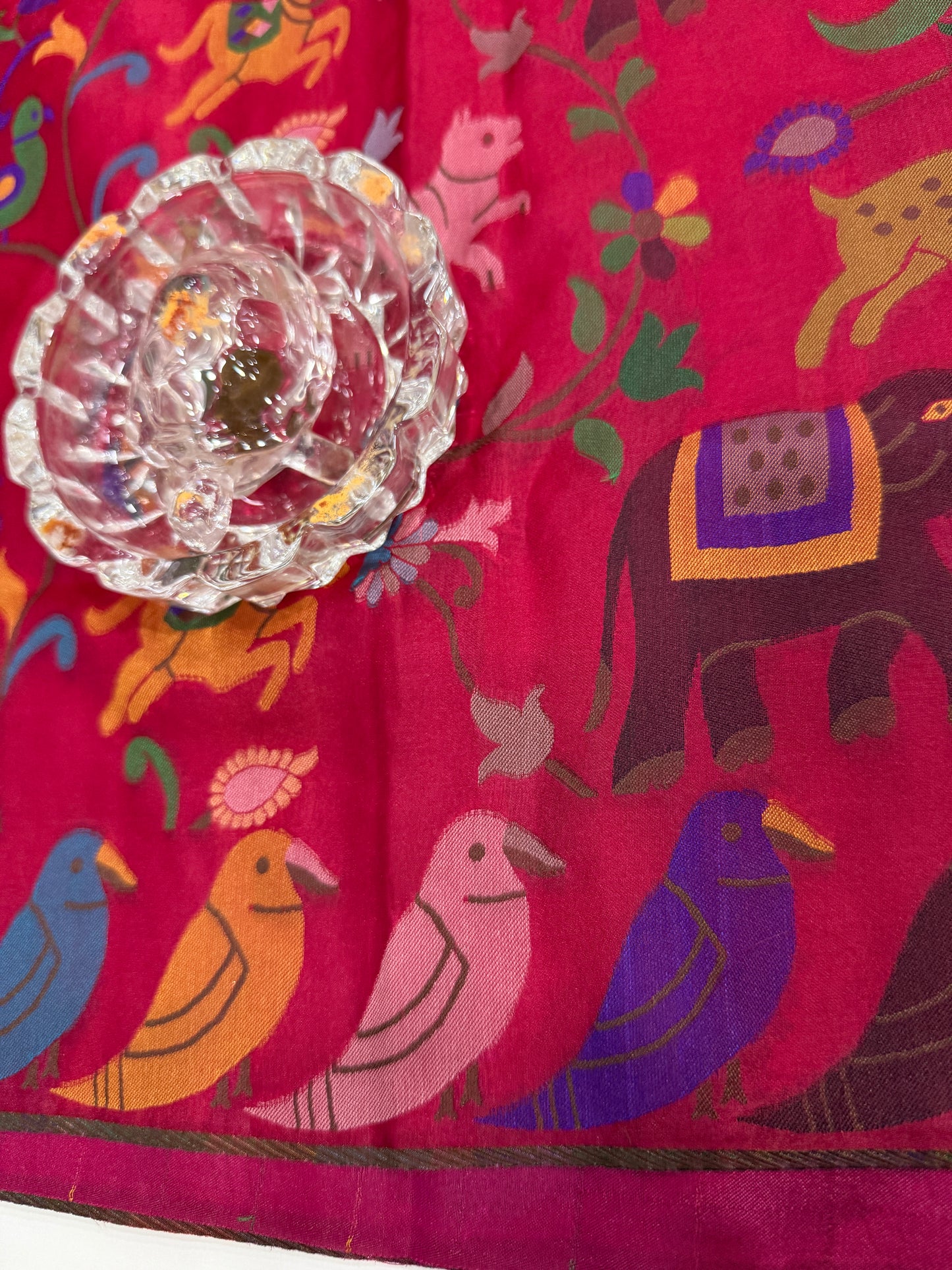 Soft silk printed saree with multicolour ethnic motifs and contrast blouse piece