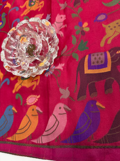 Soft silk printed saree with multicolour ethnic motifs and contrast blouse piece