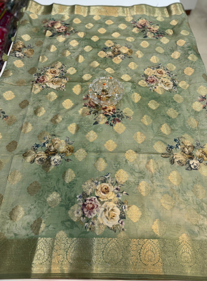 Bamboo Silk Floral Printed Saree with Rich Decorative Pallu, All Over Rich Butti Weaving