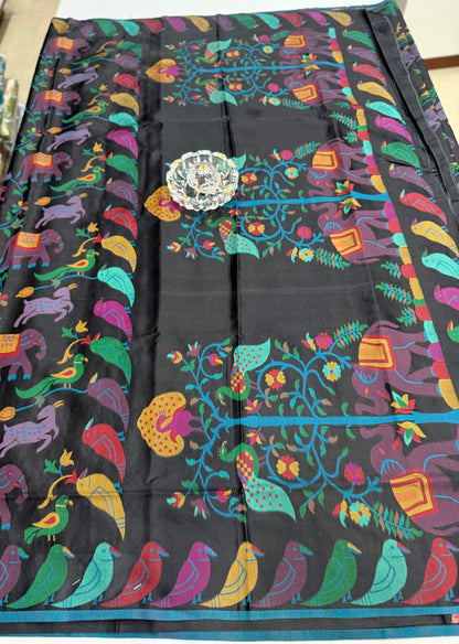 Soft silk printed saree with multicolour ethnic motifs and contrast blouse piece