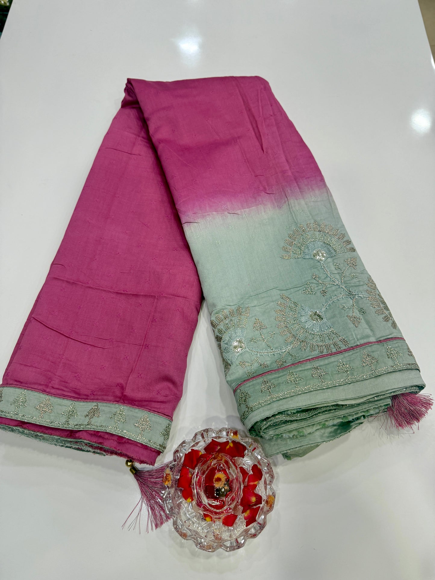 Omber Shaded Designer Silk Saree with Embroidery Lace Work, Patchwork and Art Silk Blouse