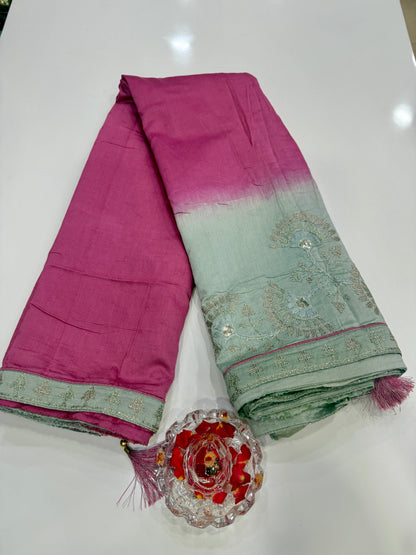 Omber Shaded Designer Silk Saree with Embroidery Lace Work, Patchwork and Art Silk Blouse