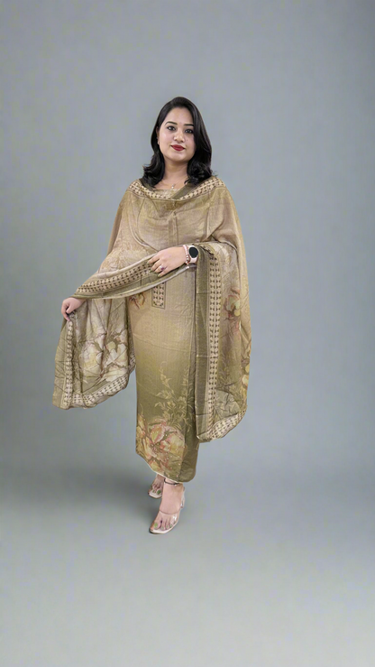 Pure Viscose Muslin Shimmer Fabric with Digital Printing, featuring Heavy Aari Sequence Mirror Work