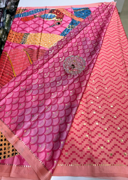 Japan satin saree for women with position print pallu and blouse, soft satin printed saree for festive and casual wear