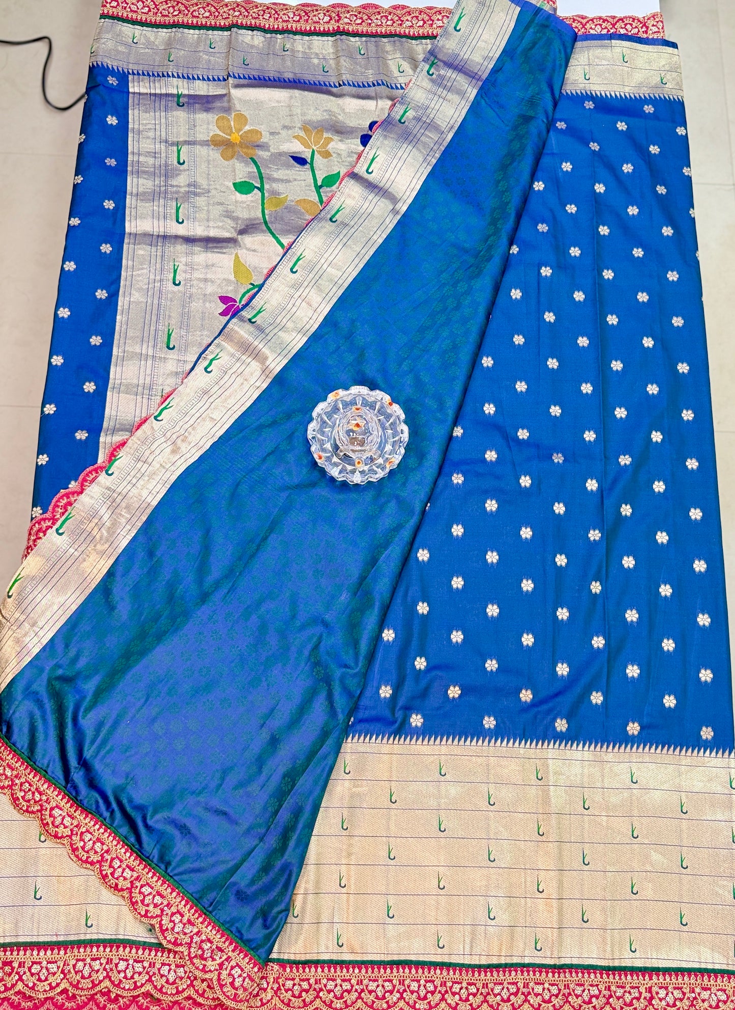 Paithani Lace Border Saree with Parrot Motifs and Contrast Blouse
