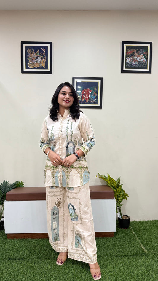 Women's Mughal Print Flex Cotton Co-ord Set with Button-Down Shirt and Flared Palazzo