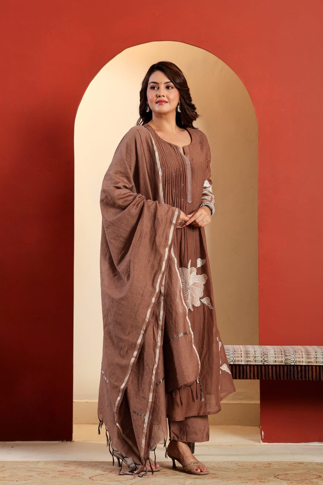 Mul Chanderi Kurta Set with Pintuck and Floral Embroidery, Shantoon Pant and Chanderi Dupatta