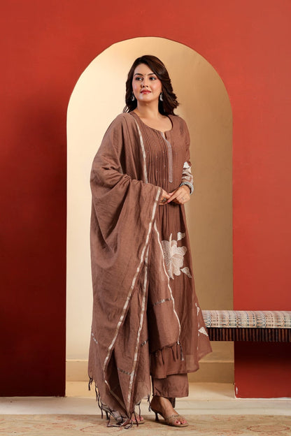 Mul Chanderi Kurta Set with Pintuck and Floral Embroidery, Shantoon Pant and Chanderi Dupatta