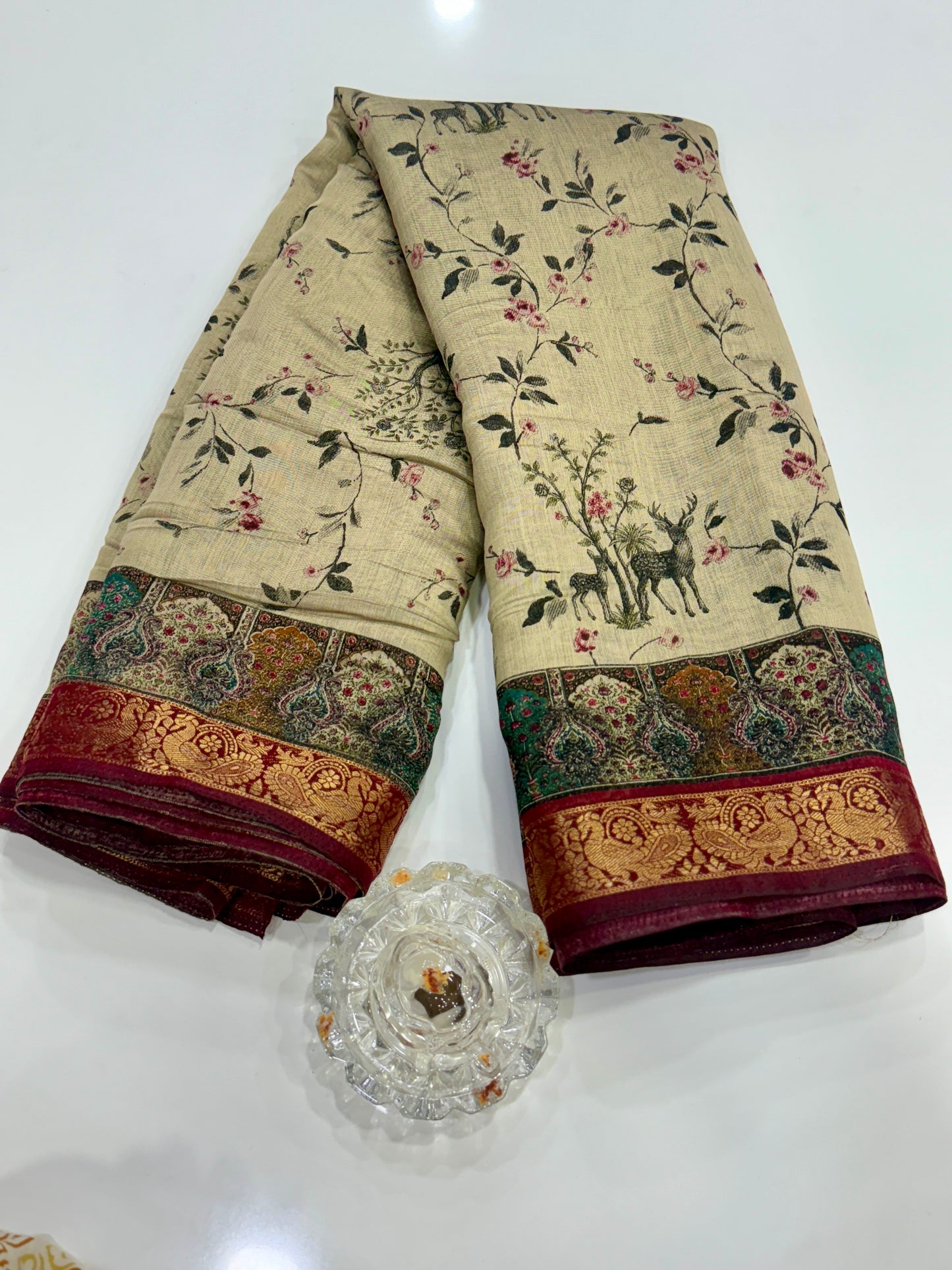 Chennuri silk style printed saree with traditional artwork border and unstitched blouse fabric for women