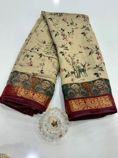 Chennuri silk style printed saree with traditional artwork border and unstitched blouse fabric for women