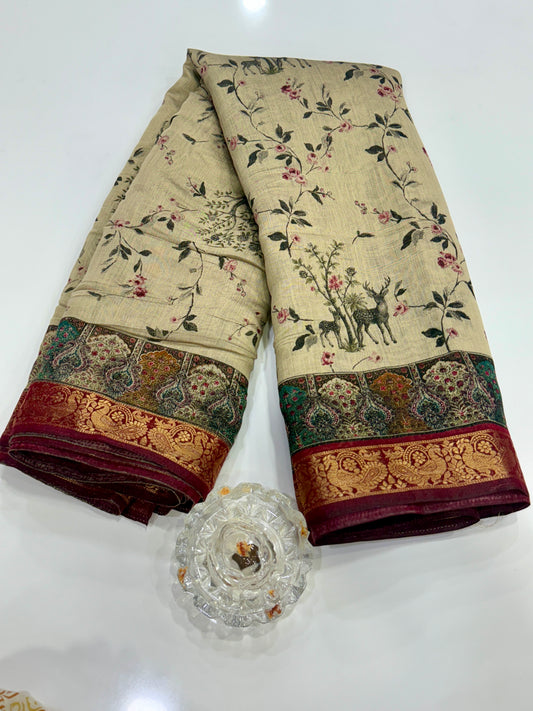 Chennuri silk style printed saree with traditional artwork border and unstitched blouse fabric for women