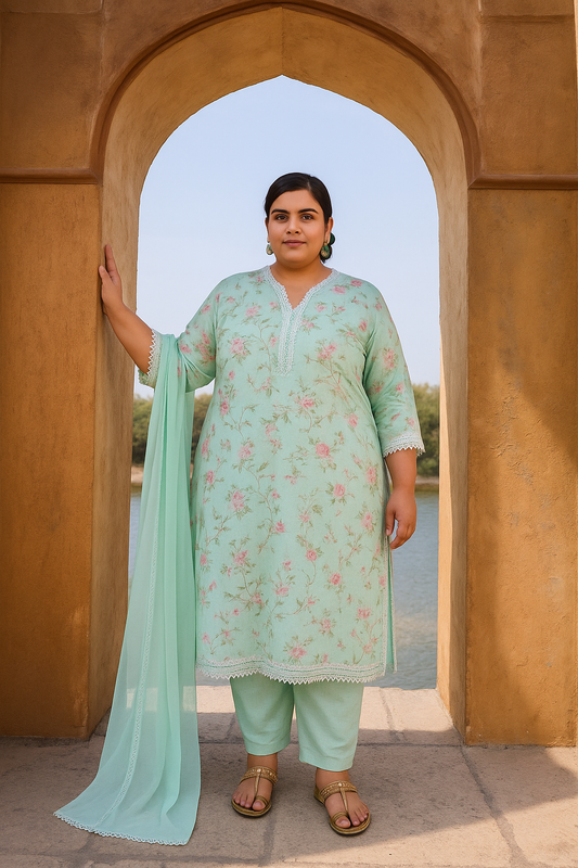 Linen cotton Kurti Pant with Dupatta Set