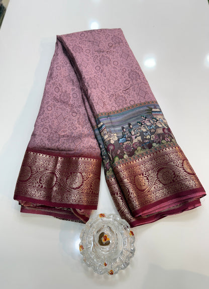Russian Viscose Crepe Silk Chittpallu Saree with Heritage Print and Zari Border for Women