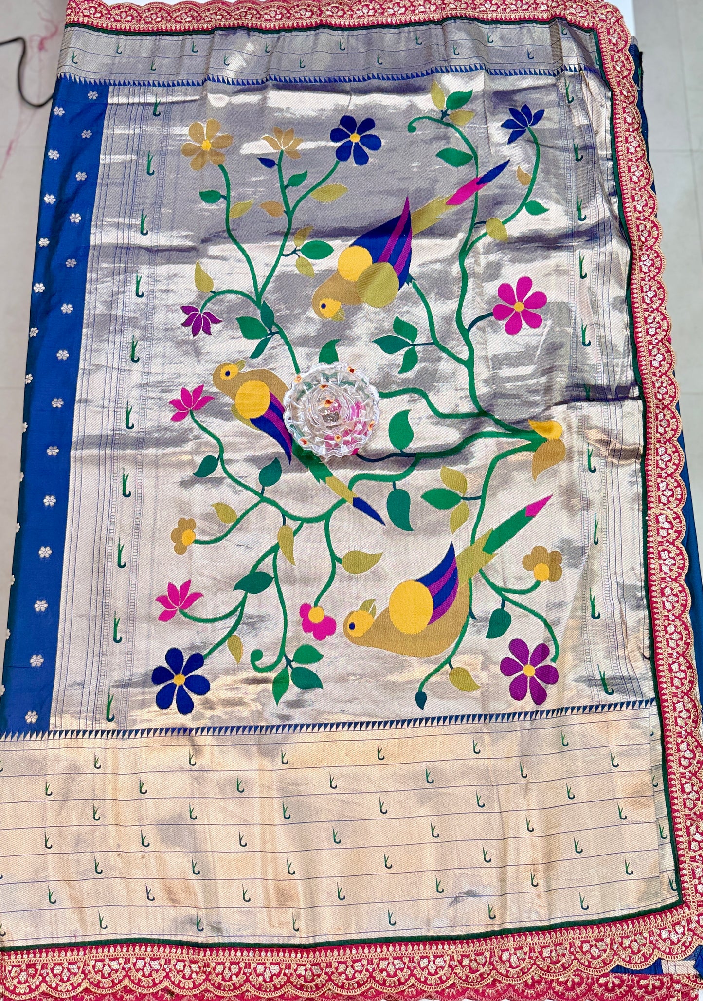 Paithani Lace Border Saree with Parrot Motifs and Contrast Blouse