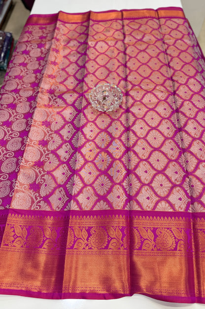 Bridal tissue saree for women with woven zari work and contrast border, kanchipuram style powerloom saree with blouse fabric