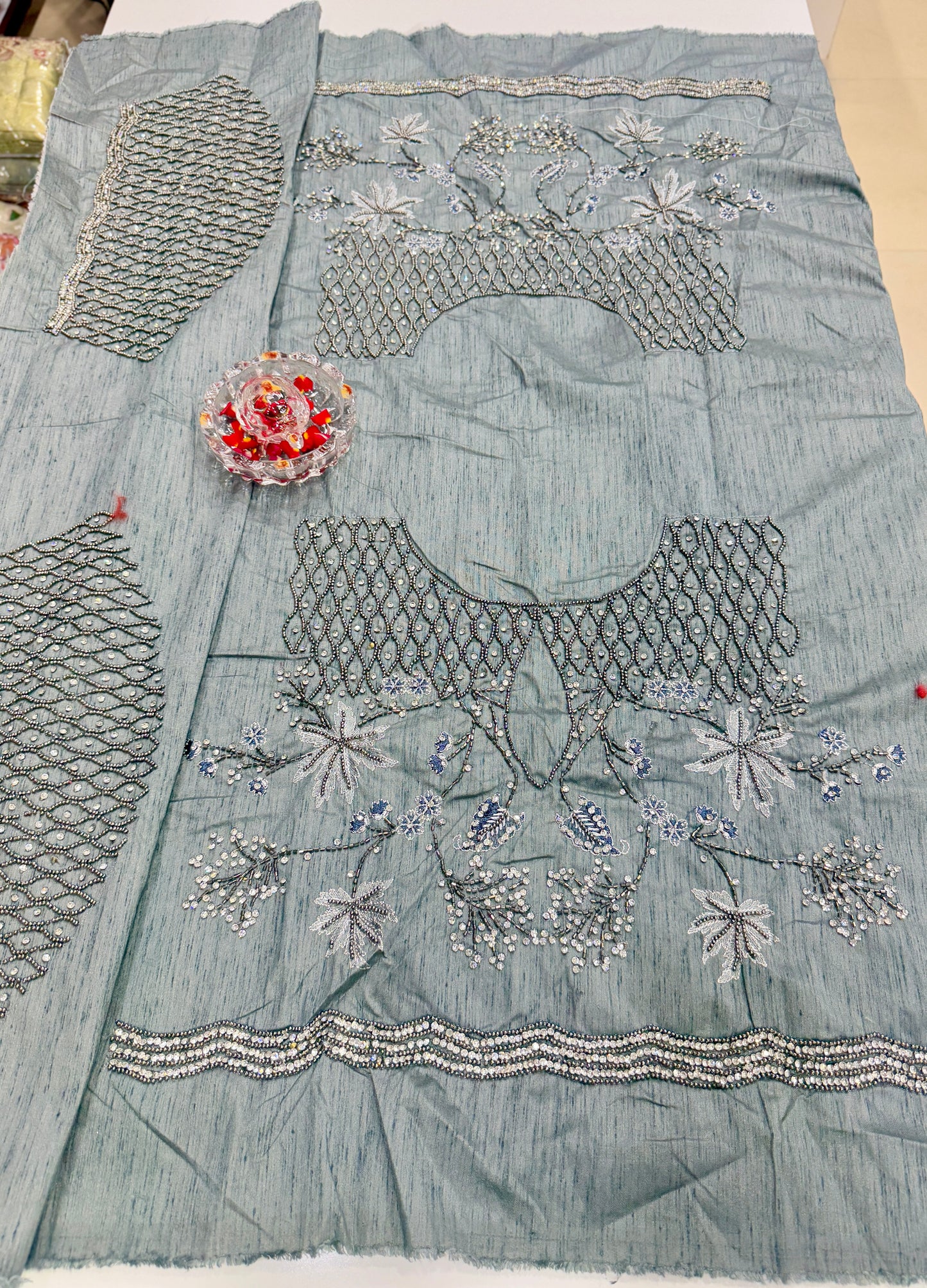 Silver Grey Sequin Saree for Women – Fancy Designer Fabric with Diamond Stone Border and Matching Blouse