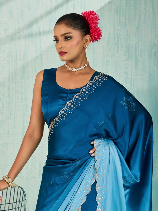 Women’s Ombre Satin Saree with Rhinestone Crystal Embroidery and Blouse Piece