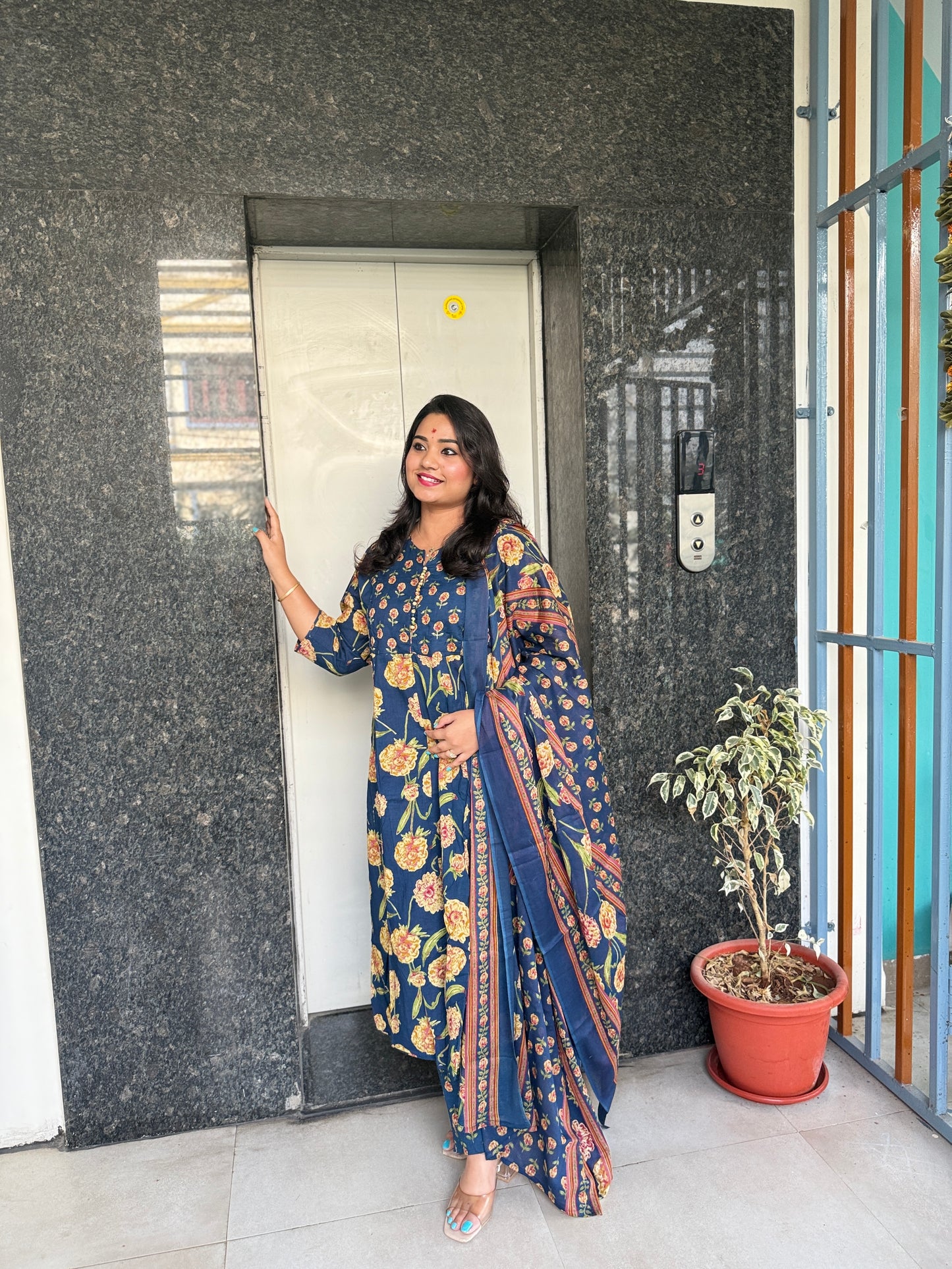 Cotton Anarkali Kurta Pant Dupatta Set with Detailing Work – M to 3XL