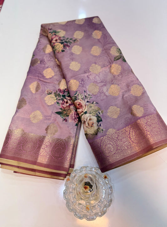 Bamboo Silk Floral Printed Saree with Rich Decorative Pallu, All Over Rich Butti Weaving