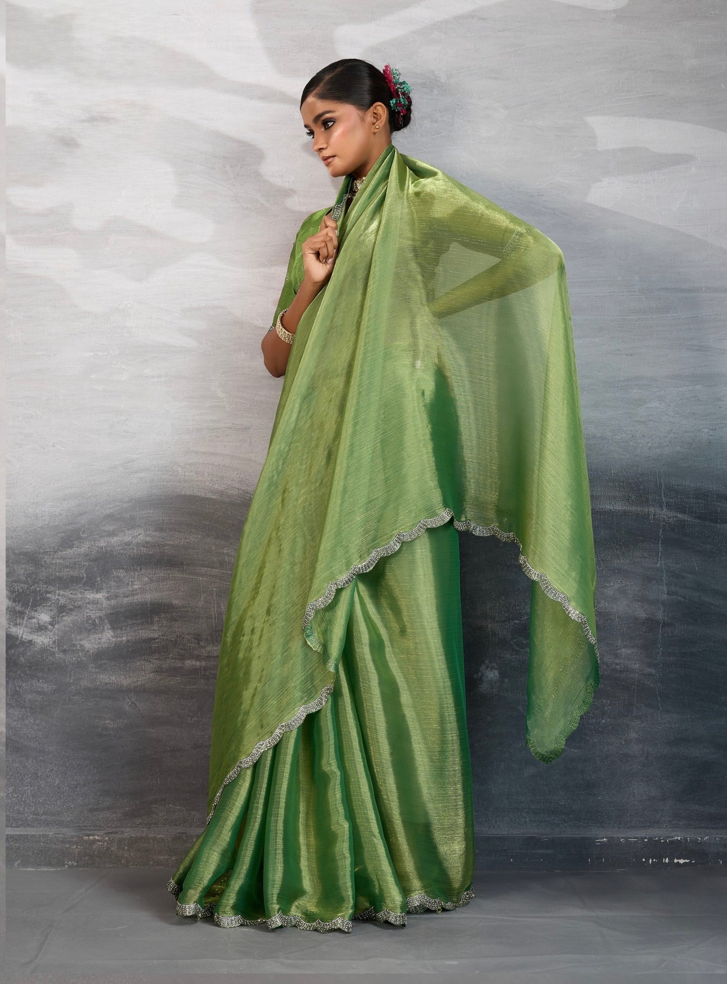 Burberry Chiffon Saree with Zarkan and Cutdana Appliqué Lace Work – Designer Party Wear Saree for Women