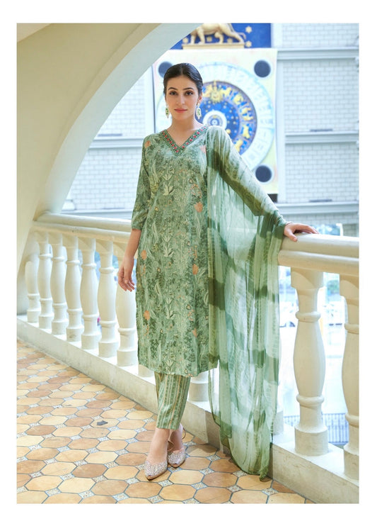 Bamboo Fabric Dobby Foil Print Straight Cut Kurta Pant Dupatta Set with Embroidery – Sizes XL to 3XL