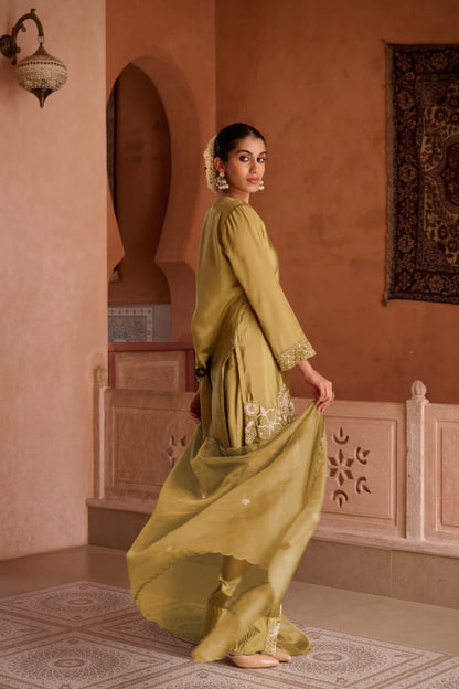 Embroidered HO Silk Glass Shimmer Kurta Farsi Pant Dupatta Set for Women