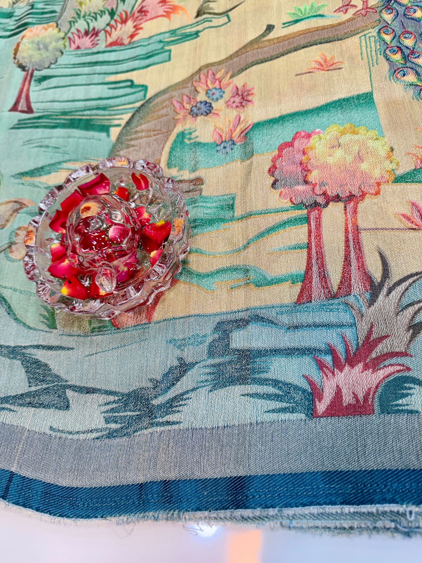 Pure Ziraf Silk Peacock Print Saree with Colorful Nature Motifs and Geometric Border – Soft Silk Printed Saree for Women