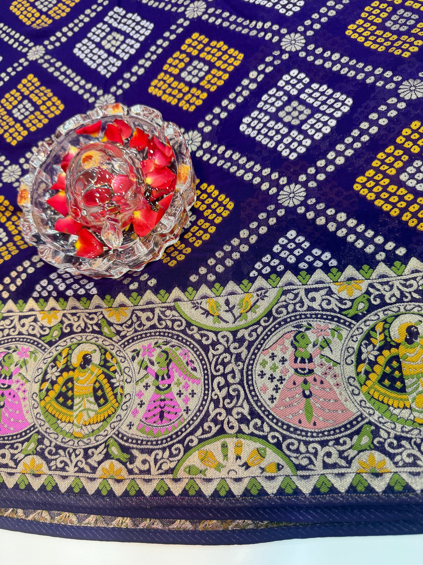 Pure Kaddi Georgette Zari Weaving Saree in Royal Blue with Bandhej-Inspired Checked Pattern and Traditional Border – Festive & Wedding Wear for Women