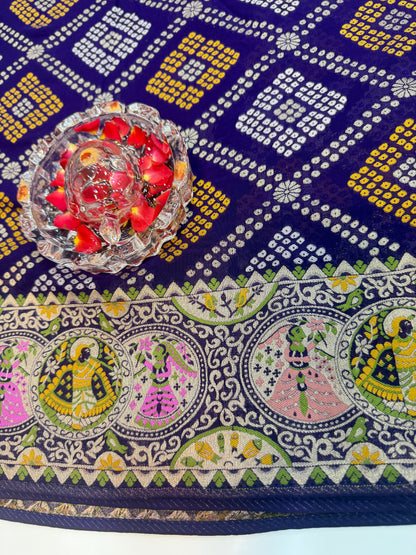 Pure Kaddi Georgette Zari Weaving Saree in Royal Blue with Bandhej-Inspired Checked Pattern and Traditional Border – Festive & Wedding Wear for Women