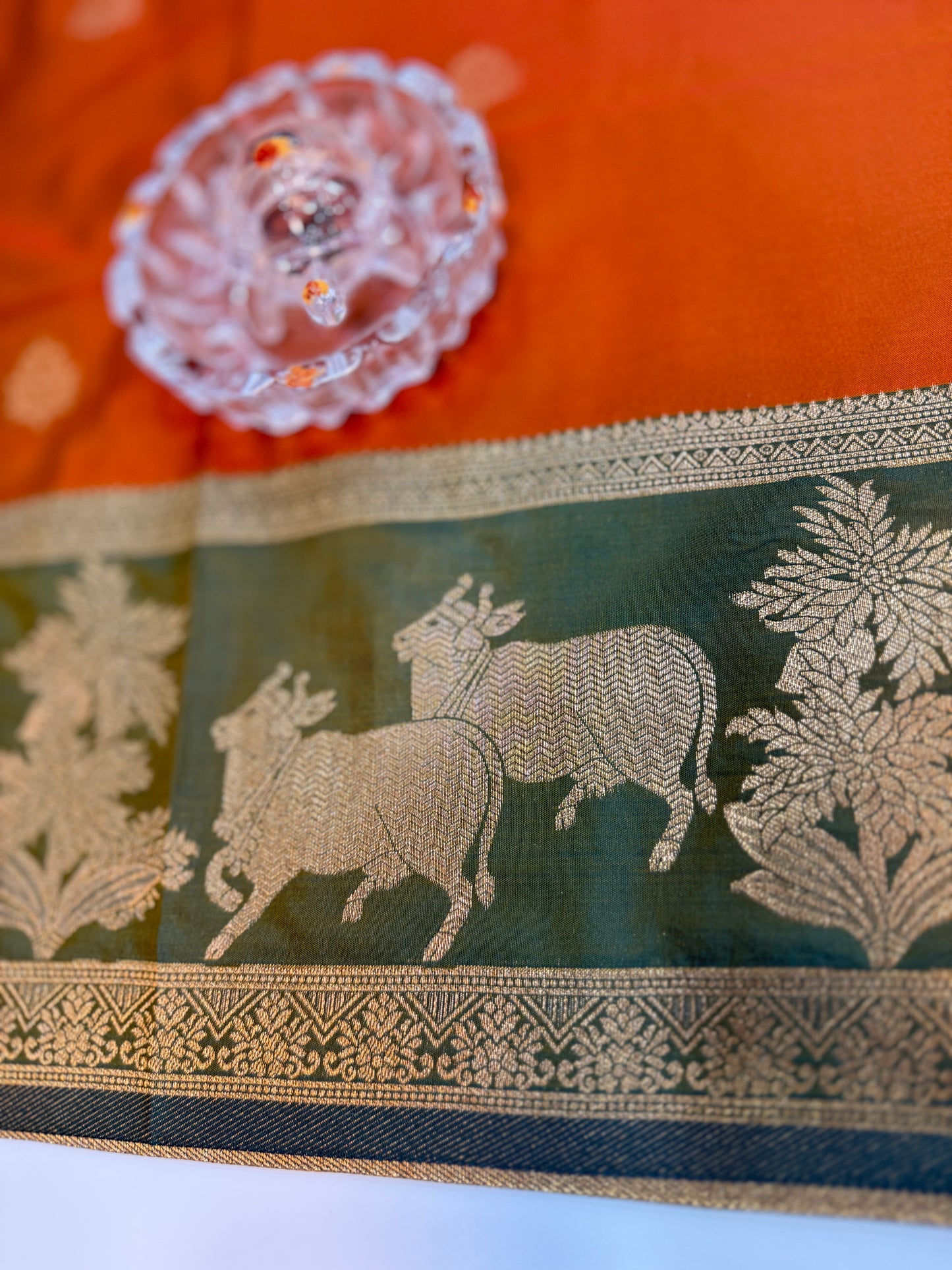 Handloom styled Silk Pichwai Saree with Woven Border and Contrast Blouse