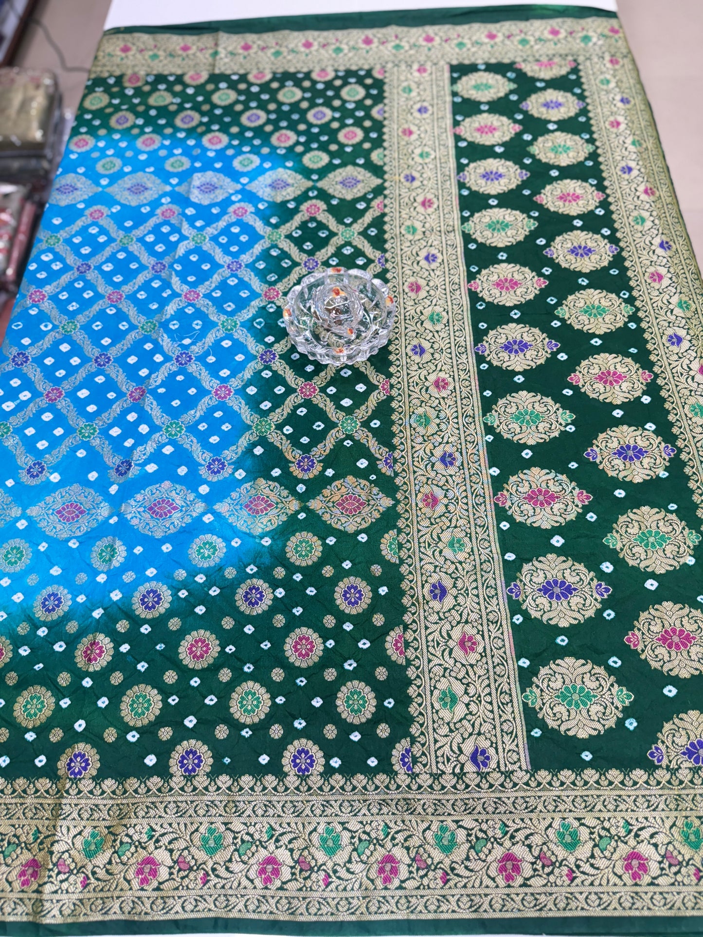 Banarasi dupiyan bandhani saree with semi-weaving neemjari work and hand chunri