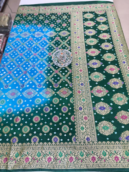 Banarasi dupiyan bandhani saree with semi-weaving neemjari work and hand chunri