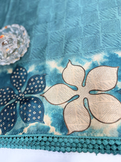 Nilambari Silk Floral Printed Saree with Lace Border